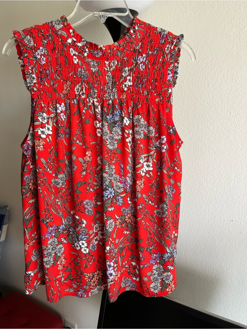 Kenar Red Floral Smocked Neck Sleeveless Top